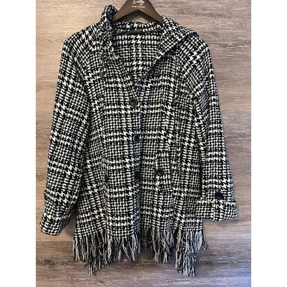 For Cynthia Jackets & Blazers - For Cynthia jacket Fringe Sz M Houndstooth Hooded Pockets Black White Classic